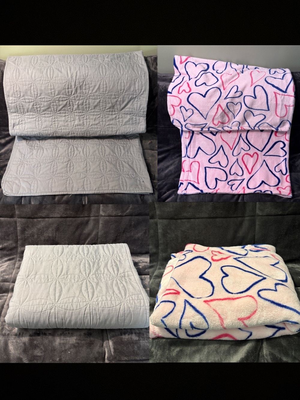 Gray Quilt and Pink Heart Plush Throw Set - Home Bedding
